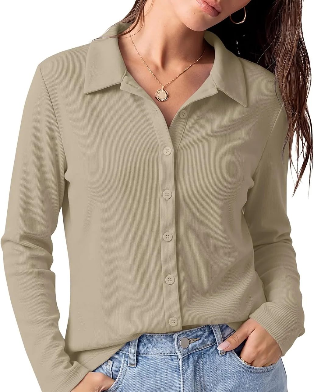 Minetom Womens long Sleeve Button Down Tops V Neck Collared Shirts, Light Khaki, Small, photo 9