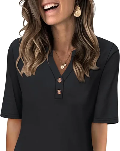 Minetom Women's Half Sleeve Tops V Neck T Shirt Button Casual Tee White, thumbnail 10