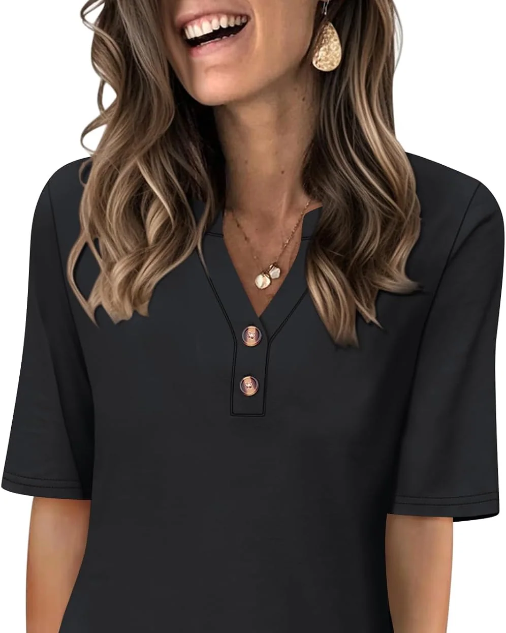 Minetom Women's Half Sleeve Tops V Neck T Shirt Button Casual Tee White, Black, Small, photo 10