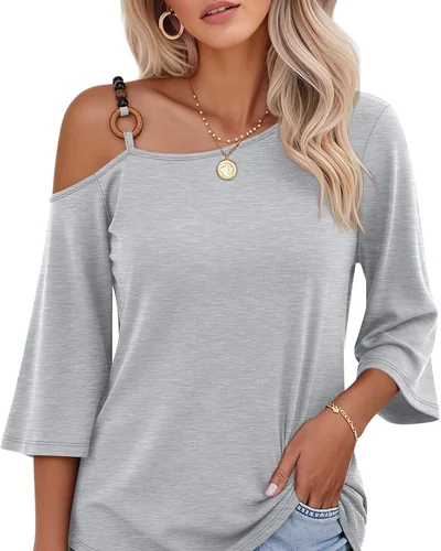 Minetom Women's Off the Shoulder Tops 3 4 Sleeve V Neck T Shirts Fall Tee, thumbnail 7
