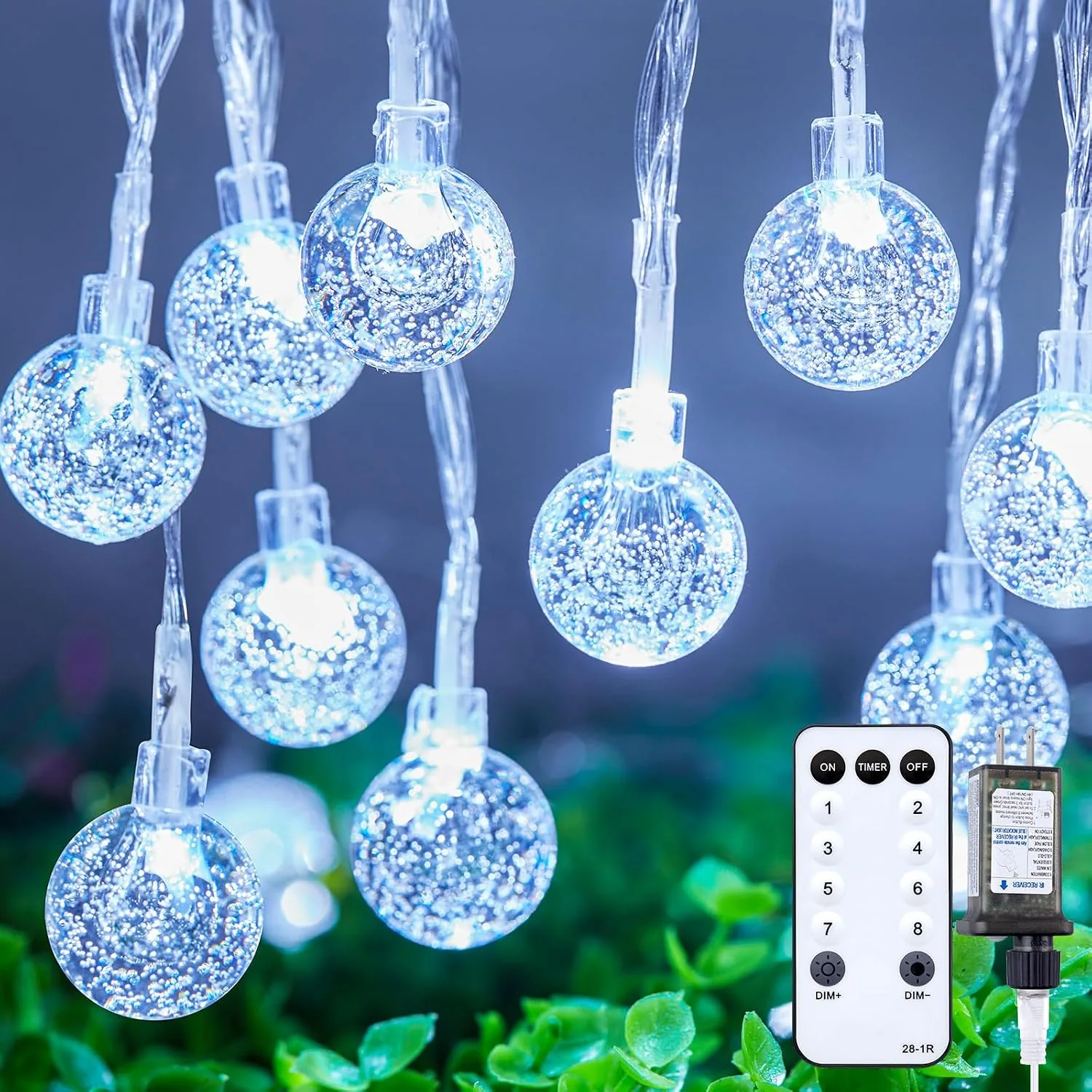 Minetom 33ft Plug in Star String Lights with Remote and Timer, Crystal Globe - White - 33 FT, photo 5