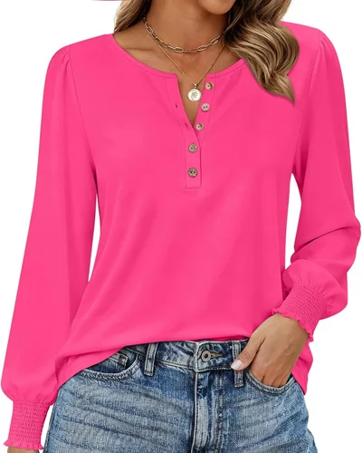 Minetom Womens Long Sleeve Shirts Henley Button Up Blouse 2026 Fall Tops, thumbnail 12