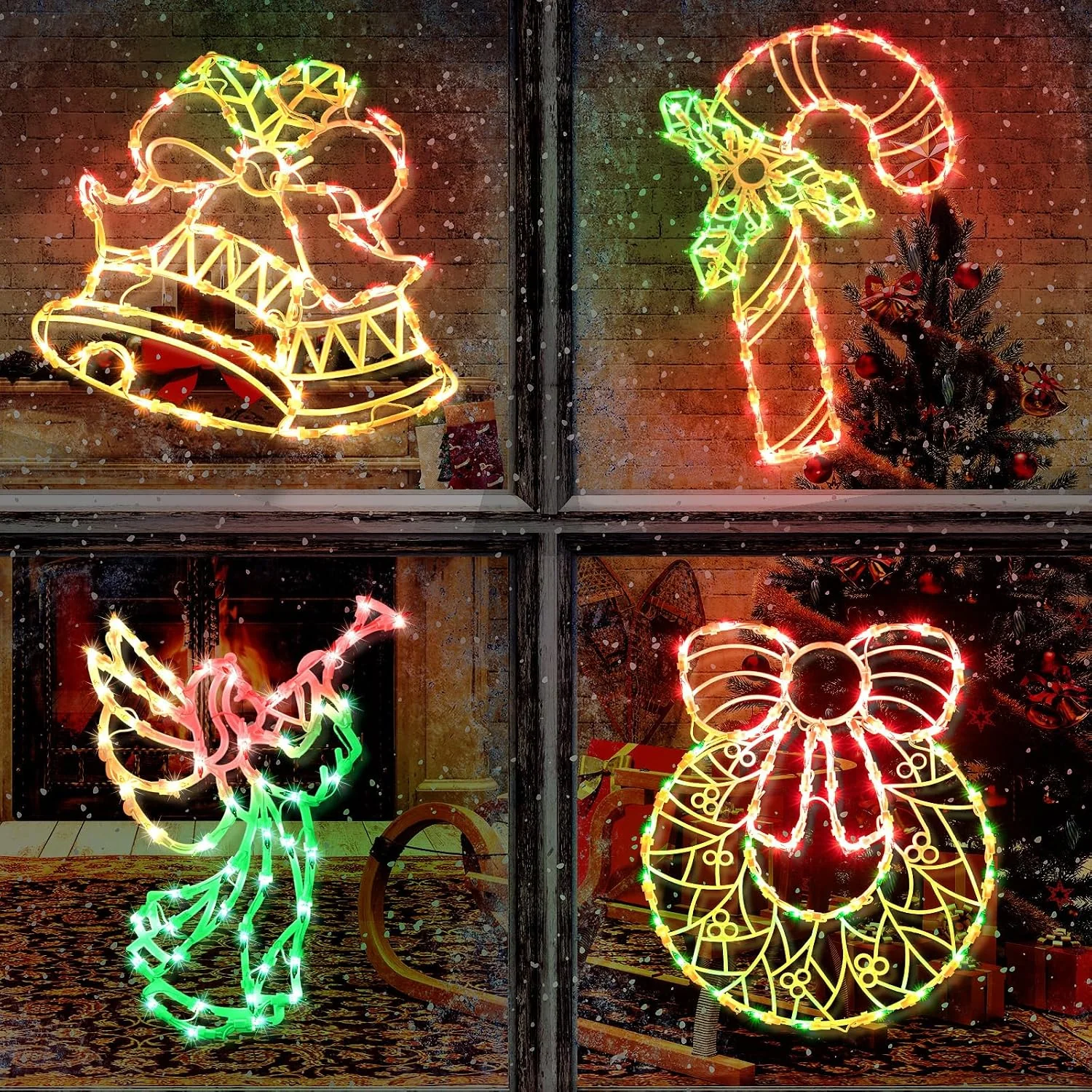 Minetom 4 Pack Christmas Window Lights, Wreath, wreath/cane/bell/angel, photo 3