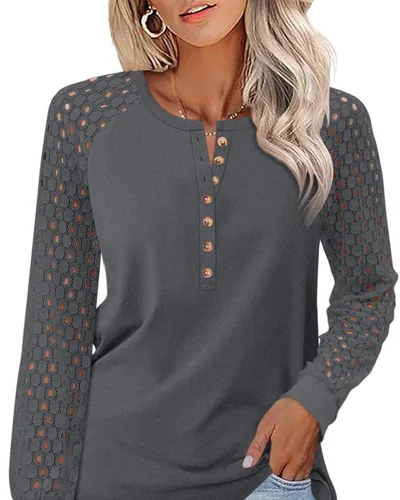 Minetom Women's Lace Long Sleeve Tops Henley Shirts Casual Blouses Tees, thumbnail 15