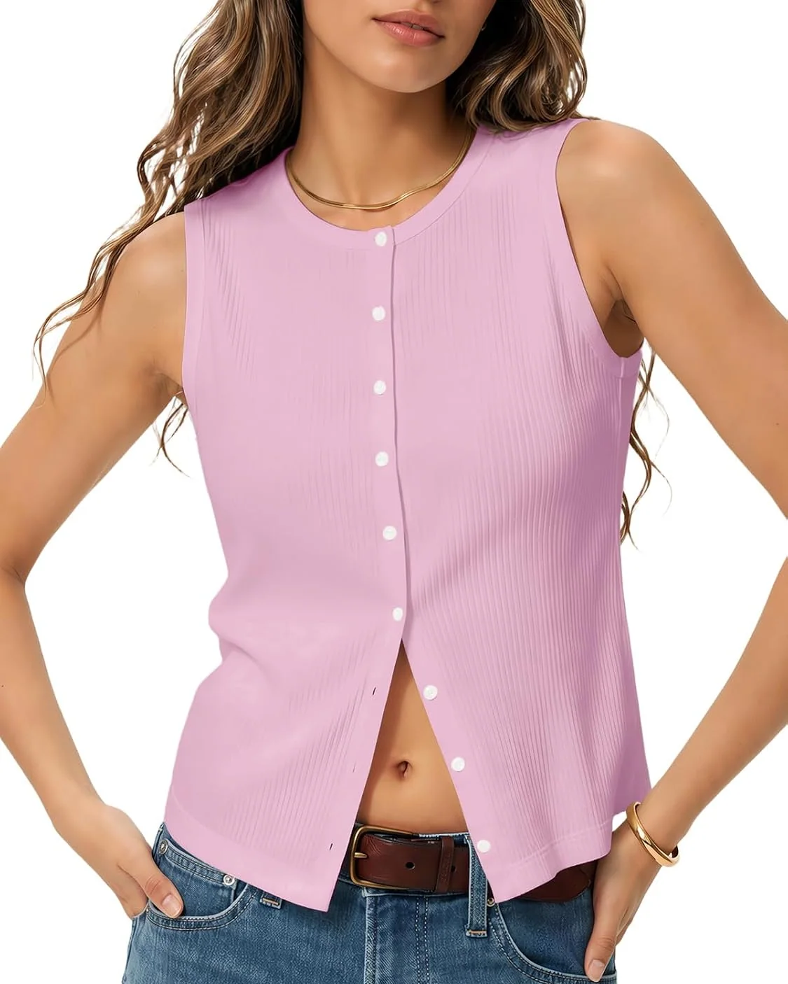 Minetom Womens Sleeveless Button Down Shirts Ribbed Tank Tops Pink, Pink, Small, photo 1