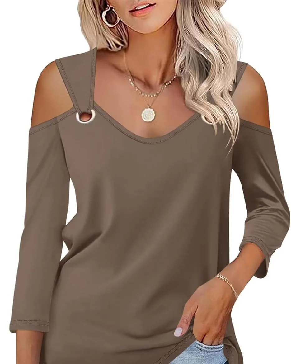 Minetom Women's V Neck 3/4 Sleeve Shirts Cold Shoulder Tops 2026 Fall Tees, Light Brown, Small, photo 13