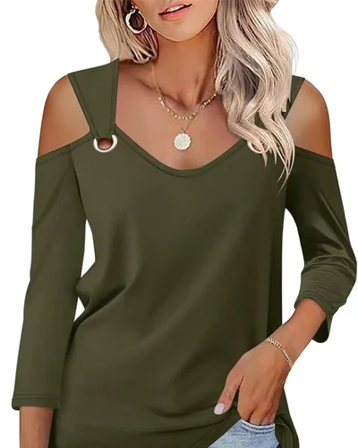 Minetom Women's V Neck 3/4 Sleeve Shirts Cold Shoulder Tops 2026 Fall Tees, thumbnail 19
