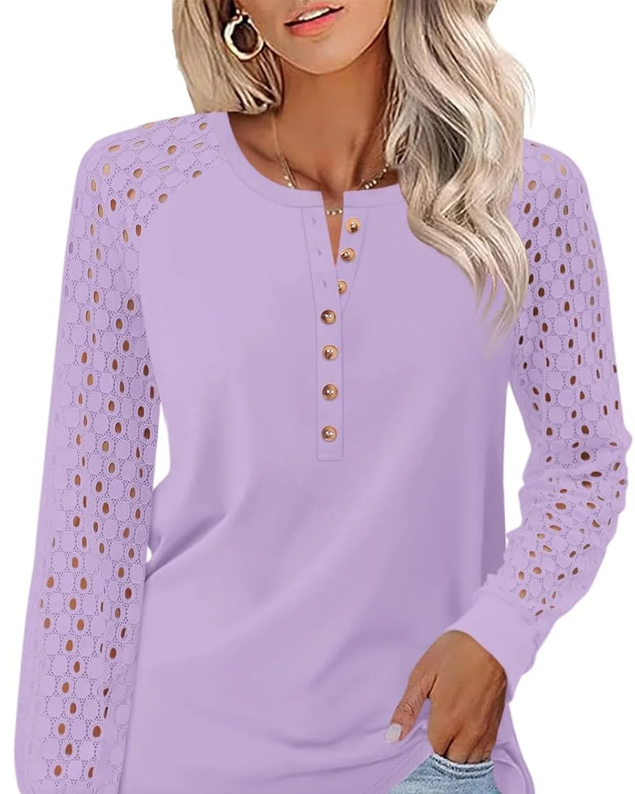 Minetom Women's Lace Long Sleeve Tops Henley Shirts Casual Blouses Tees, Purple, Small, photo 30