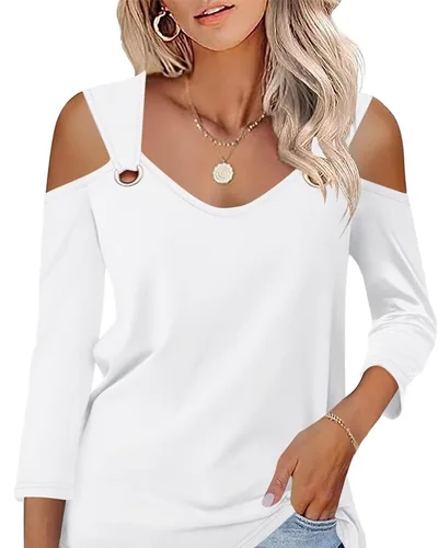 Minetom Women's V Neck 3/4 Sleeve Shirts Cold Shoulder Tops 2026 Fall Tees, thumbnail 12