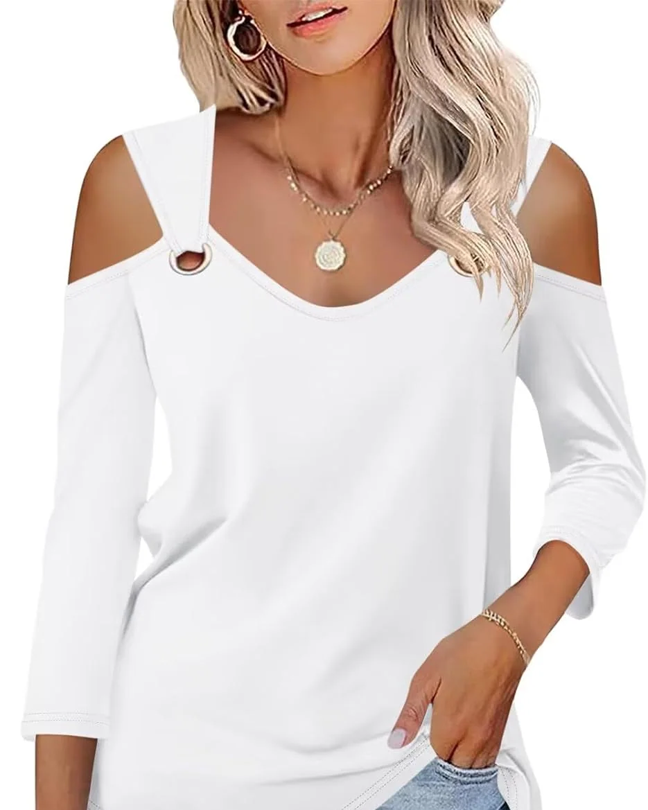 Minetom Women's V Neck 3/4 Sleeve Shirts Cold Shoulder Tops 2026 Fall Tees, White, Small, photo 12