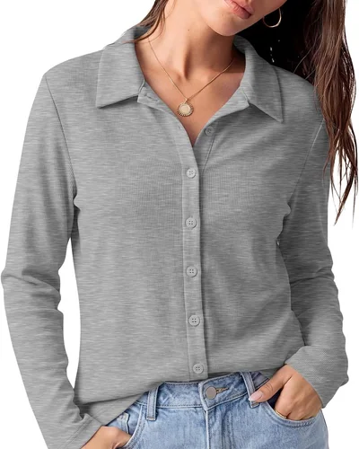 Minetom Womens long Sleeve Button Down Tops V Neck Collared Shirts, thumbnail 1