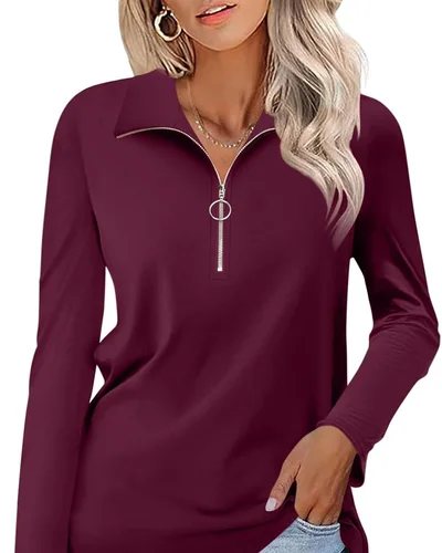 Minetom Womens Long Sleeve Shirts 1/4 Zipper Pullover V Neck Collar Tops, thumbnail 15