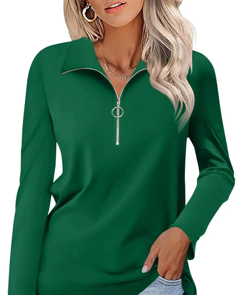 Minetom Womens Long Sleeve Shirts 1/4 Zipper Pullover V Neck Collar Tops, Green, Small, photo 16