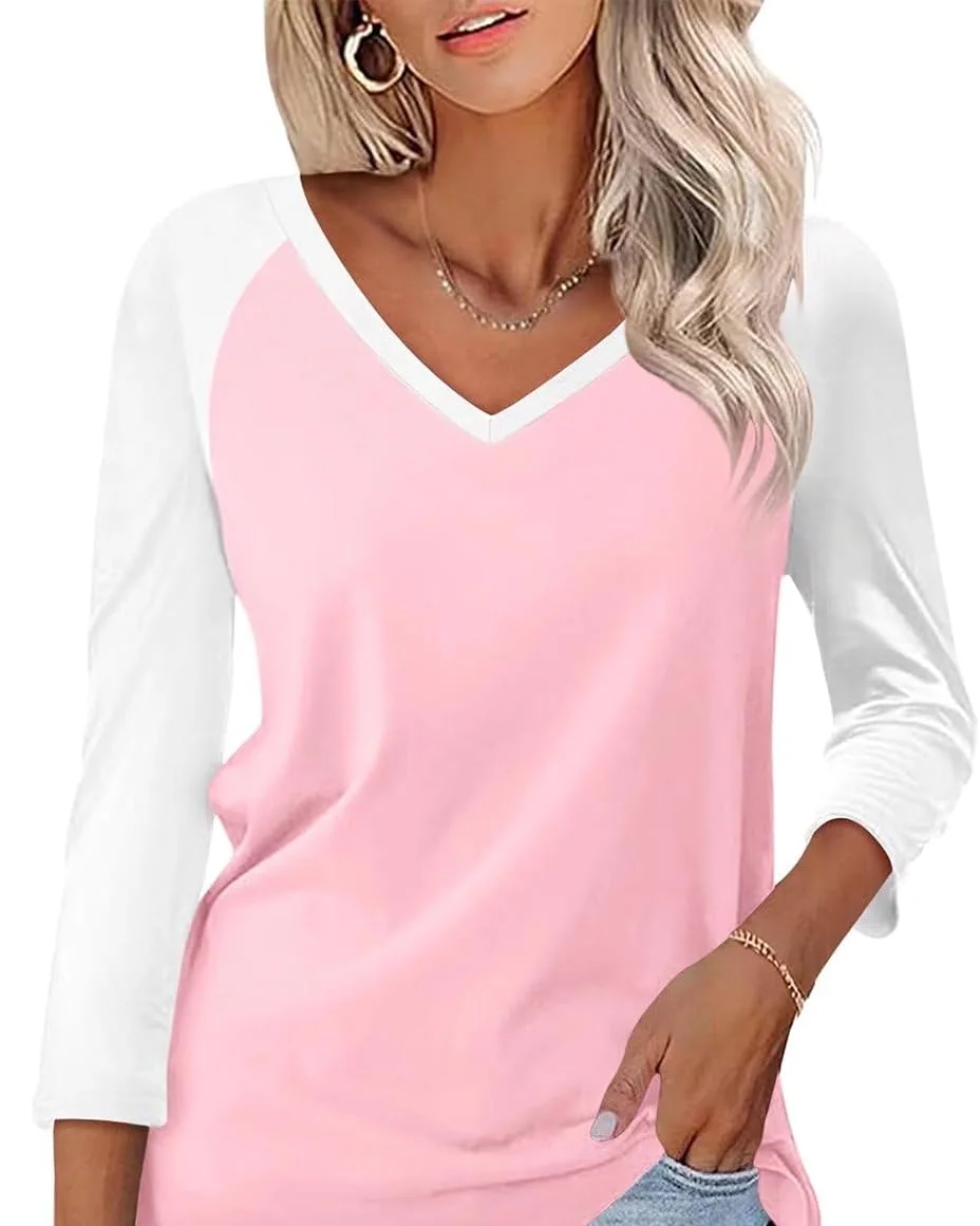Minetom Women's 3/4 Length Sleeve Tops V Neck T Shirts Casual Basic Tees, Pink, Small, photo 20