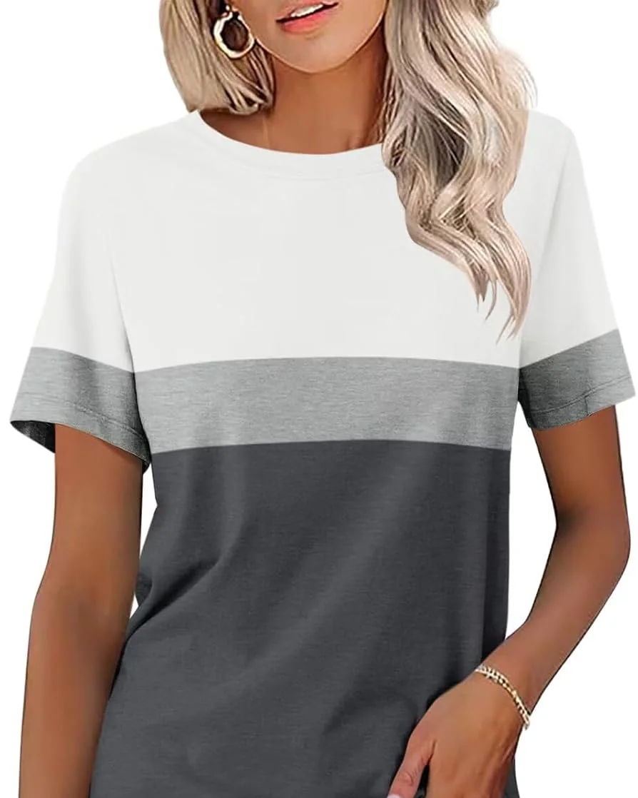 Minetom Womens Color Block T Shirts Short Sleeve Tops Summer Tees, A-whiet-gray-charcoal, Small, photo 7