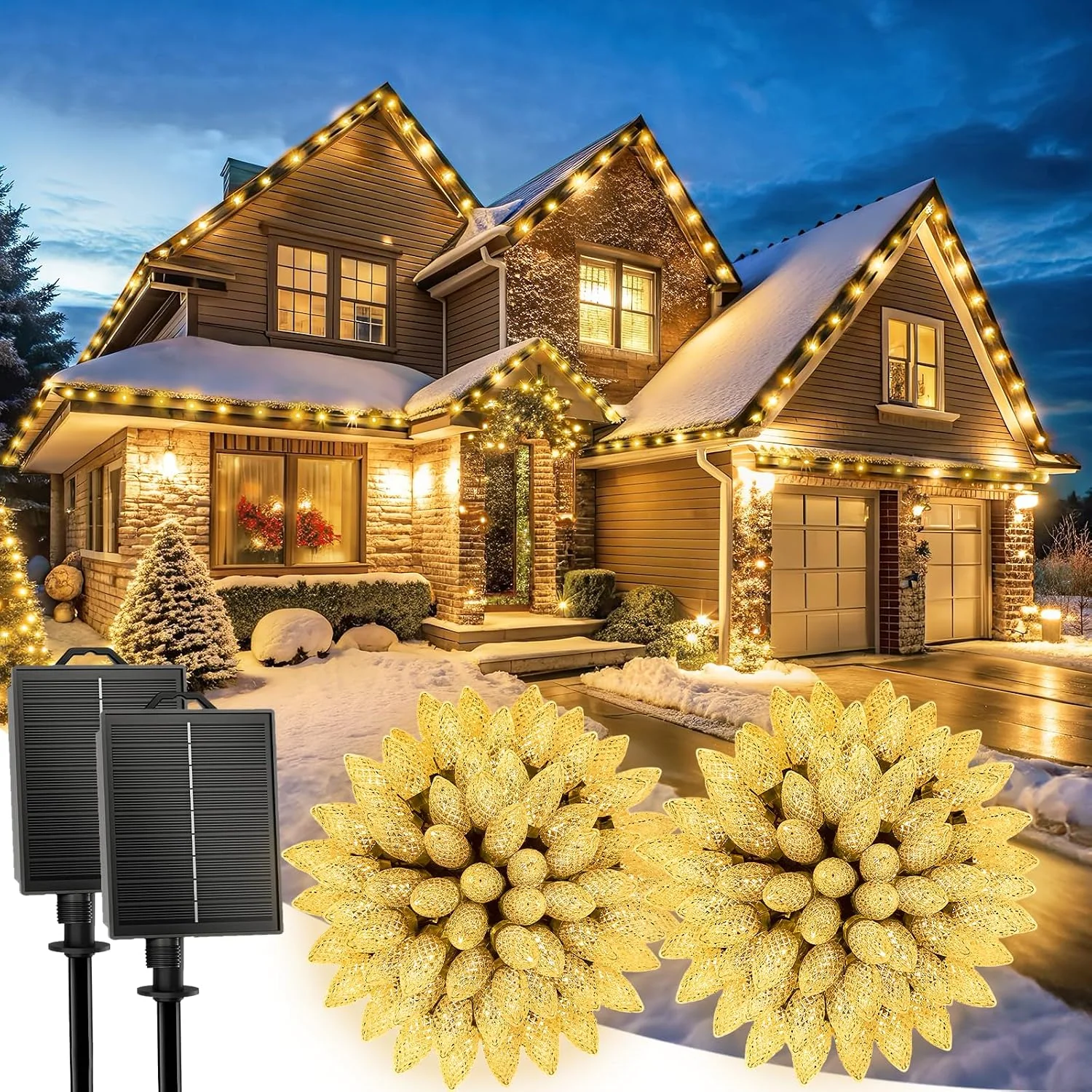 Minetom Solar Christmas Lights Outdoor, 50 LED C9 String Lights, 100LED Warm White, photo 4
