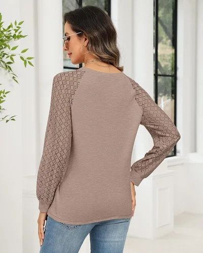 Minetom Women's Lace Long Sleeve Tops Henley Shirts Casual Blouses Tees, thumbnail 5