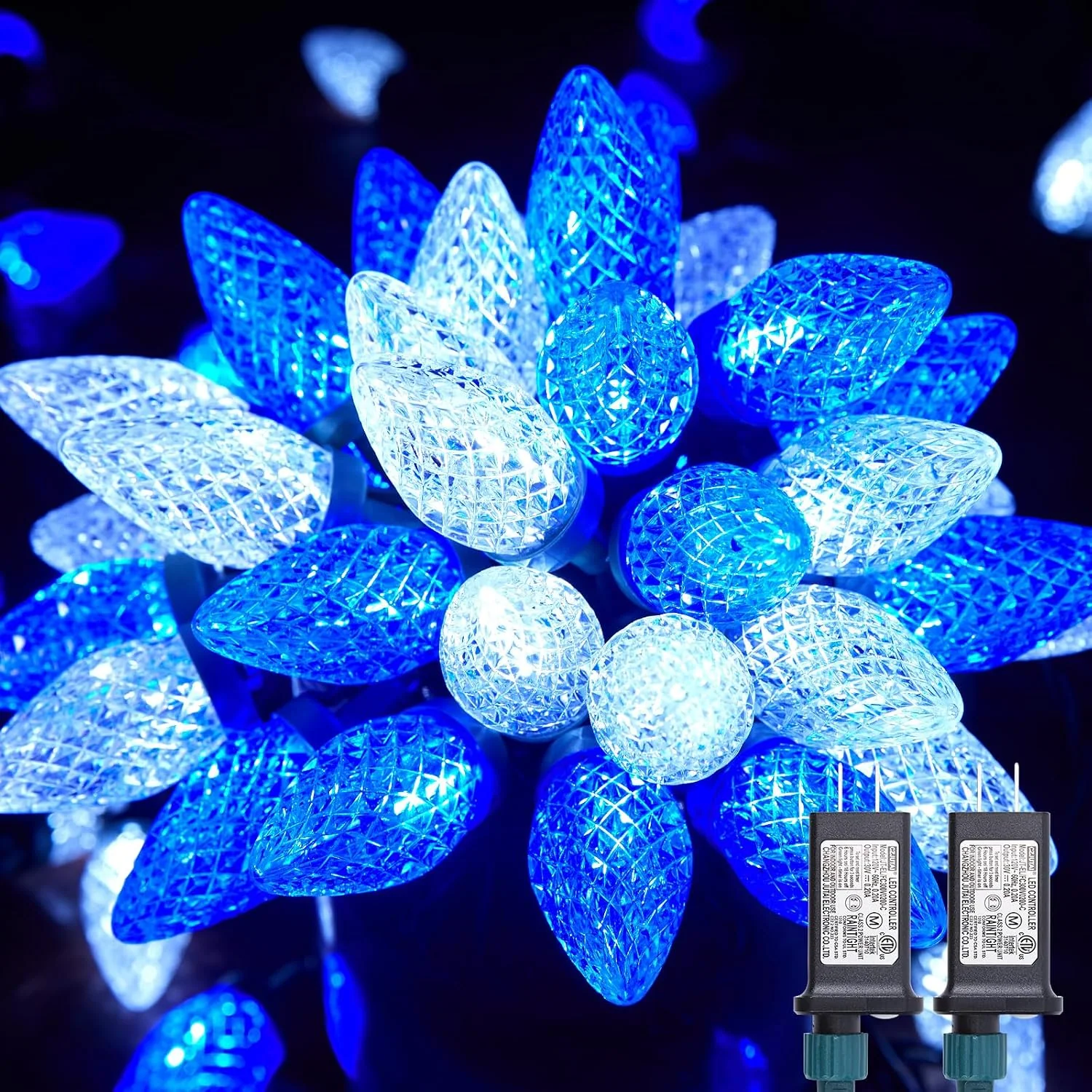 Minetom C9 LED Christmas Lights Outdoor Timer 8 Modes 100 Lights Blue Pure, Blue & Pure White, 2 Pack, photo 1