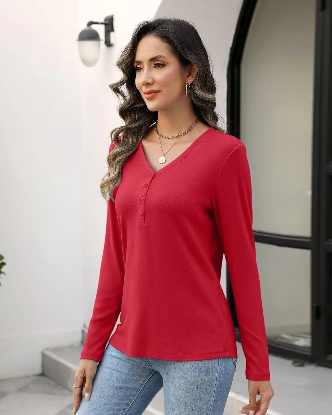 Minetom Womens Long Sleeve Tops Henley V Neck Tees Button Up Shirts Basic, photo 3
