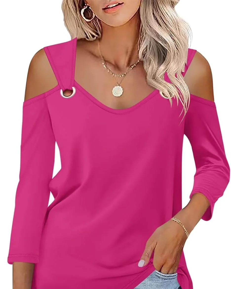 Minetom Women's V Neck 3/4 Sleeve Shirts Cold Shoulder Tops 2026 Fall Tees, Hot Pink, Small, photo 9