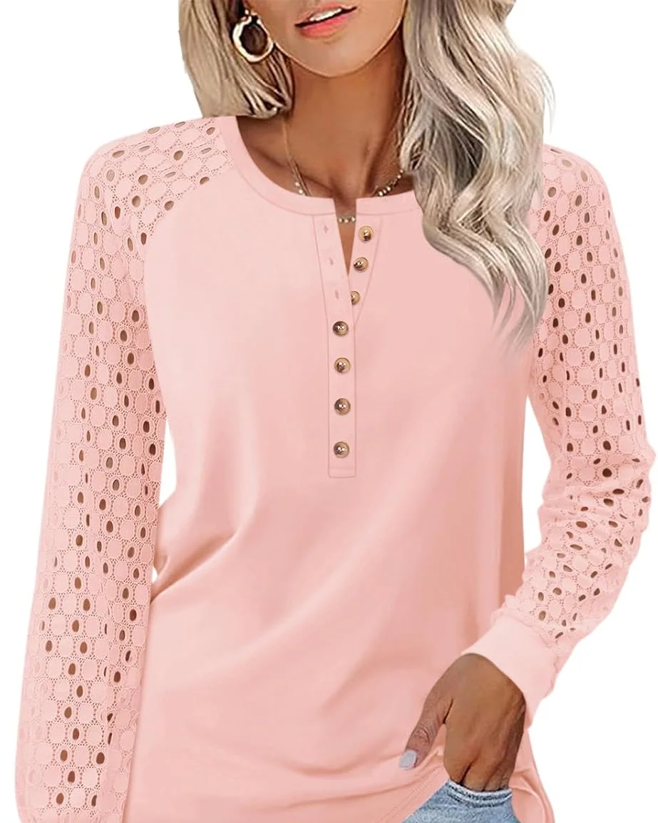Minetom Women's Lace Long Sleeve Tops Henley Shirts Casual Blouses Tees, Pink, Small, photo 29