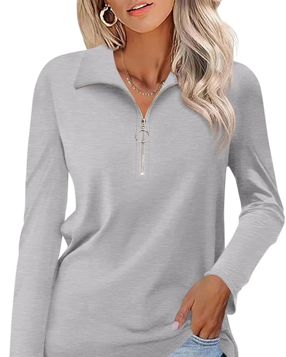 Minetom Womens Long Sleeve Shirts 1/4 Zipper Pullover V Neck Collar Tops, Gray, Small, photo 22