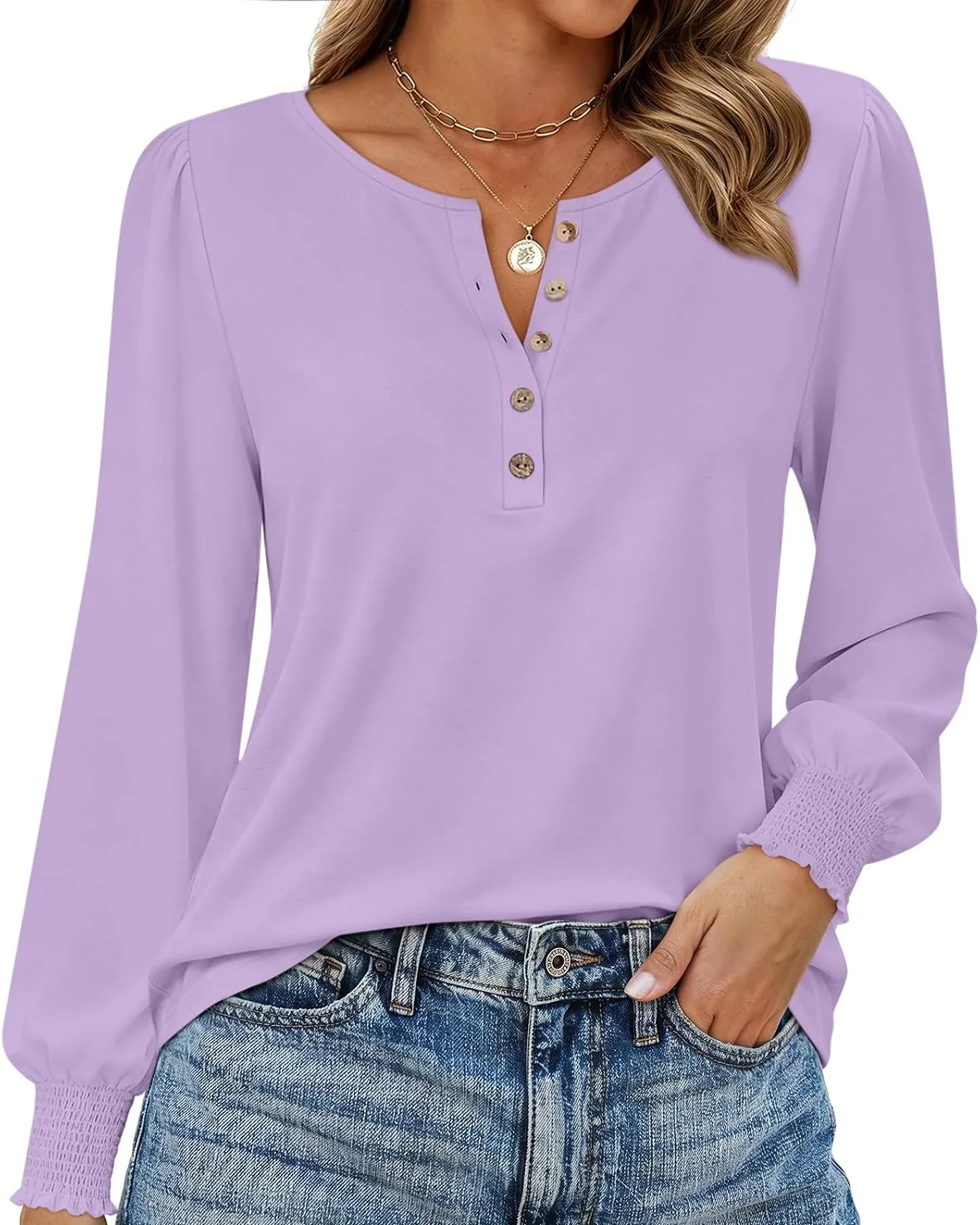 Minetom Womens Long Sleeve Shirts Henley Button Up Blouse 2026 Fall Tops, Purple, Large, photo 20