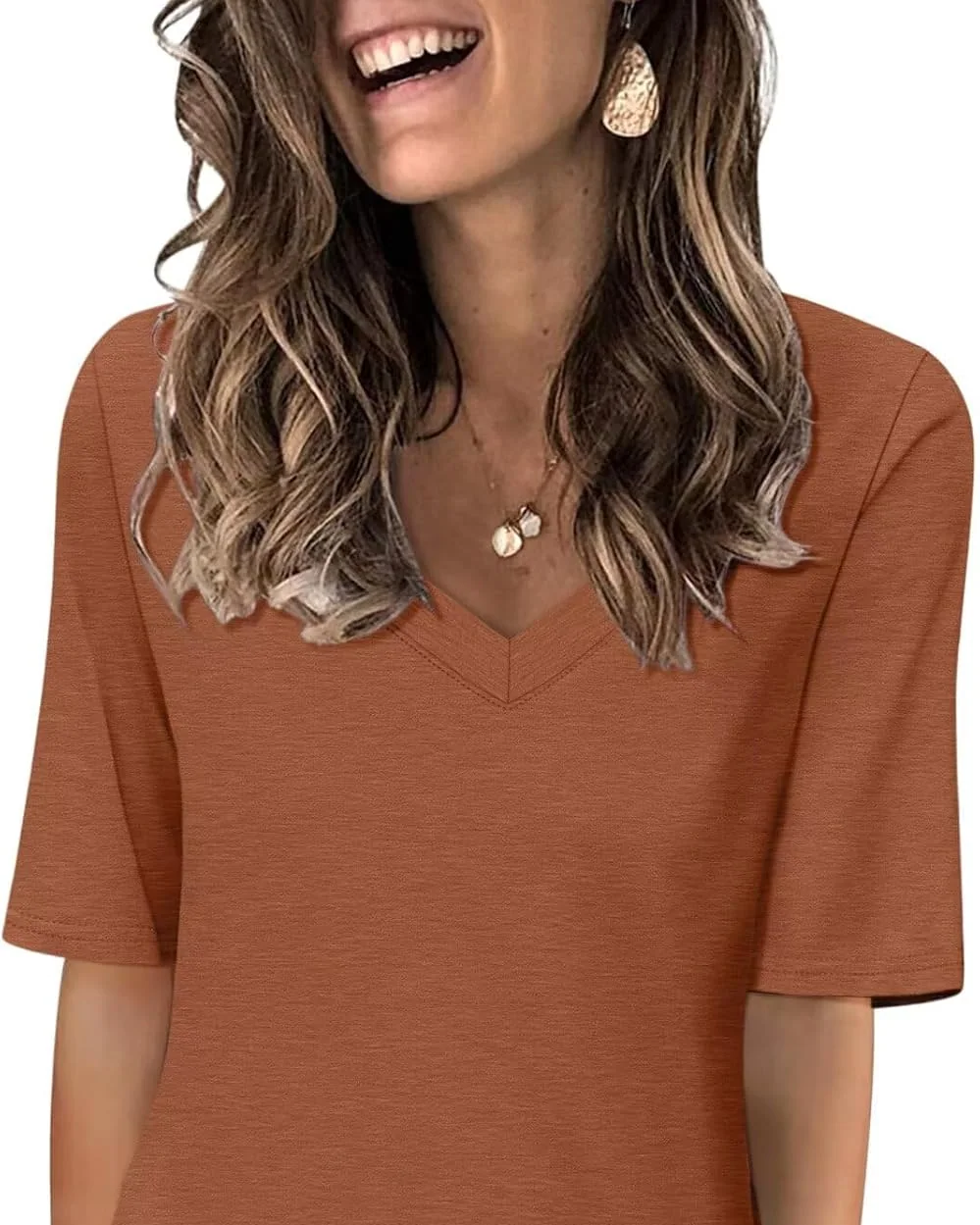 Minetom Women's V Neck T Shirts Casual Half Sleeve Tops Basic Summer Tees, Rust, Small, photo 12