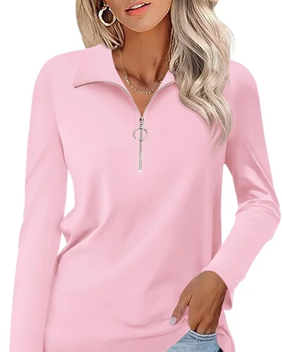 Minetom Womens Long Sleeve Shirts 1/4 Zipper Pullover V Neck Collar Tops, thumbnail 23