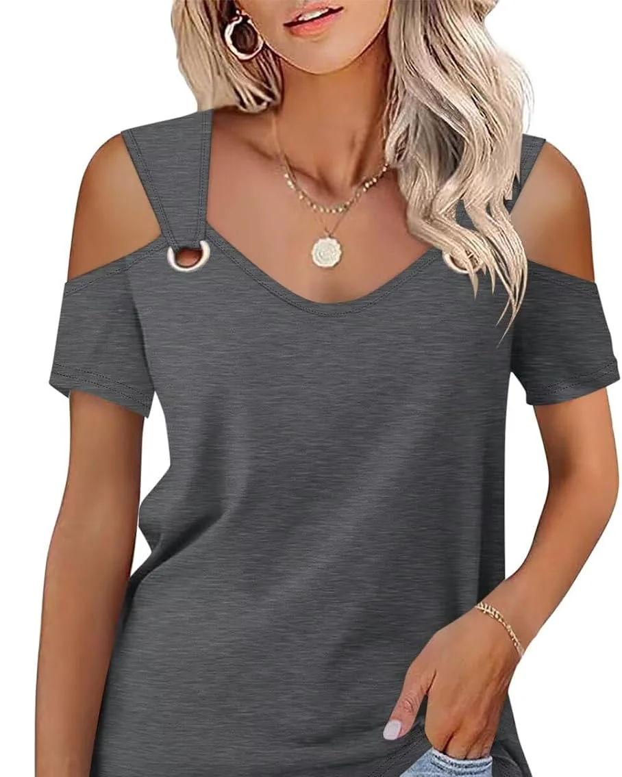 Minetom Women's Cold Shoulder Tops Short Sleeve V Neck T Shirts Summer Tee, Charcoal, Small, photo 12