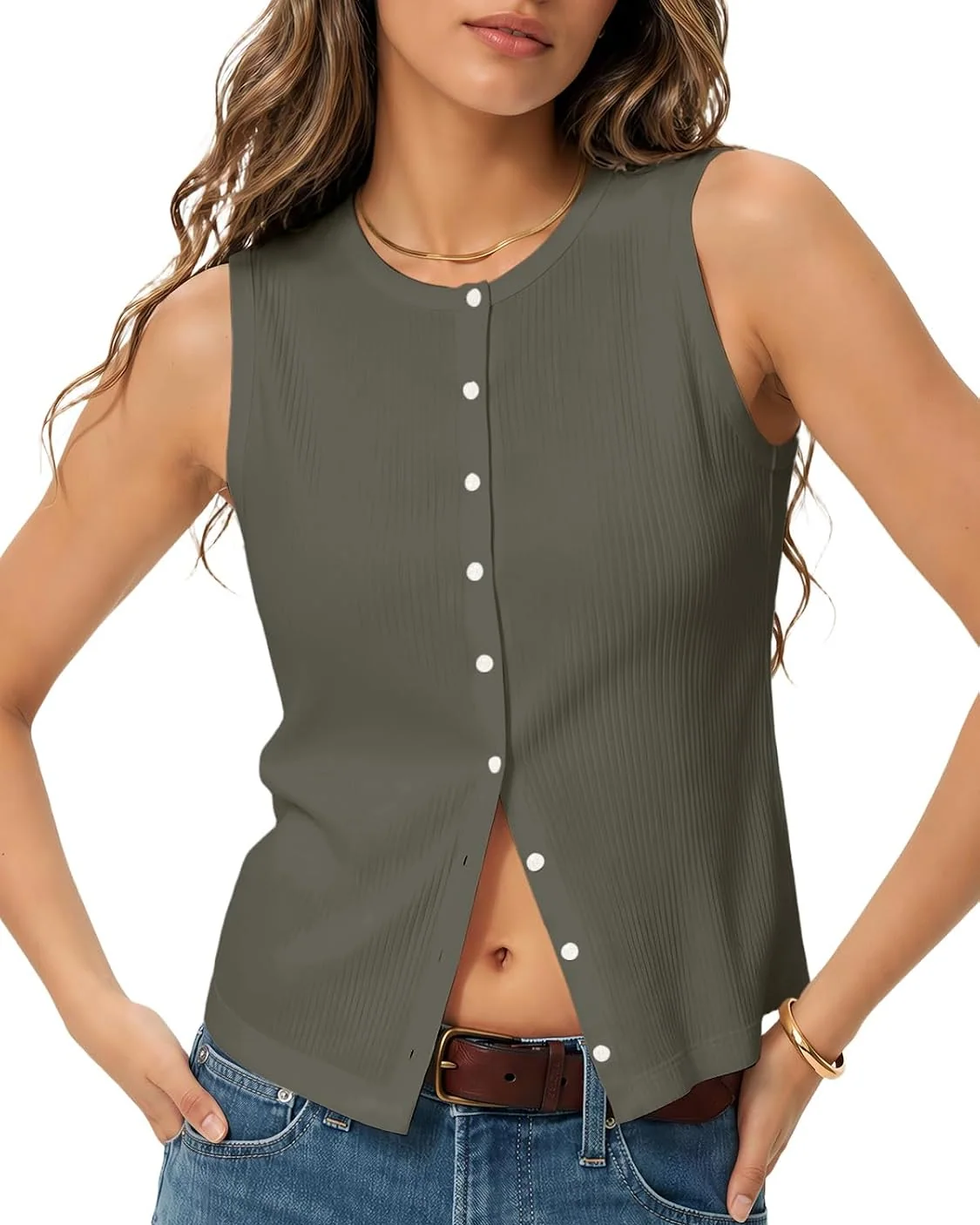 Minetom Womens Sleeveless Button Down Shirts Ribbed Tank Tops Pink, Army Green, Small, photo 6