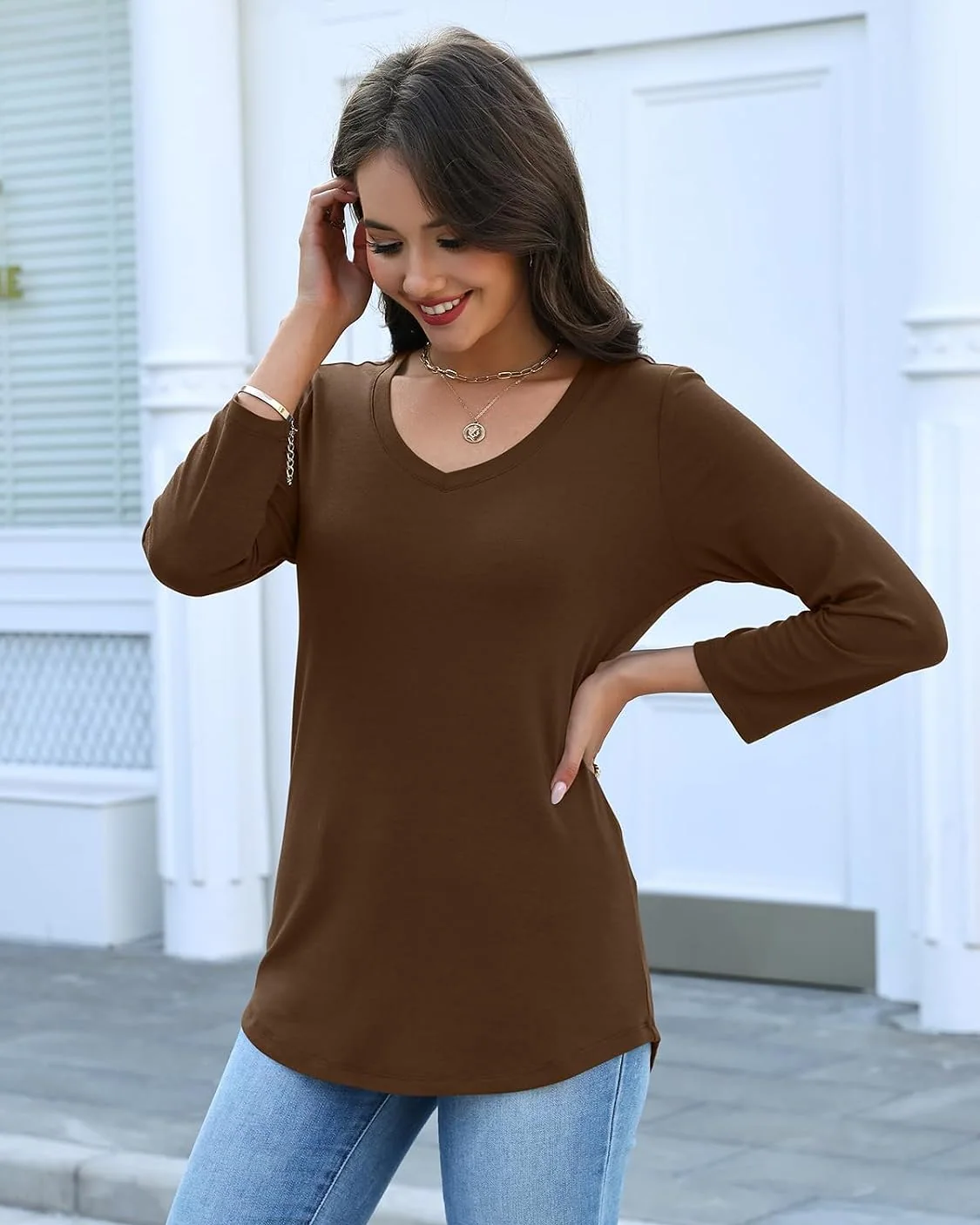 Minetom Women's 3/4 Length Sleeve Tops V Neck T Shirts Casual Basic Tees, photo 6