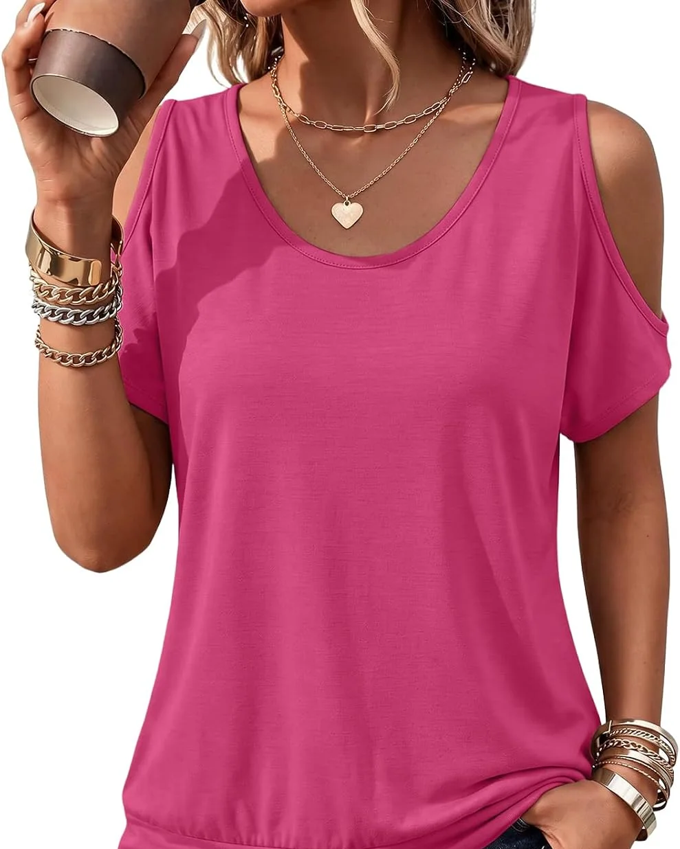 Minetom Womens Cold Shoulder Tops Banded Bottom Shirts Short Sleeve Shirts, Hot Pink, Small, photo 9