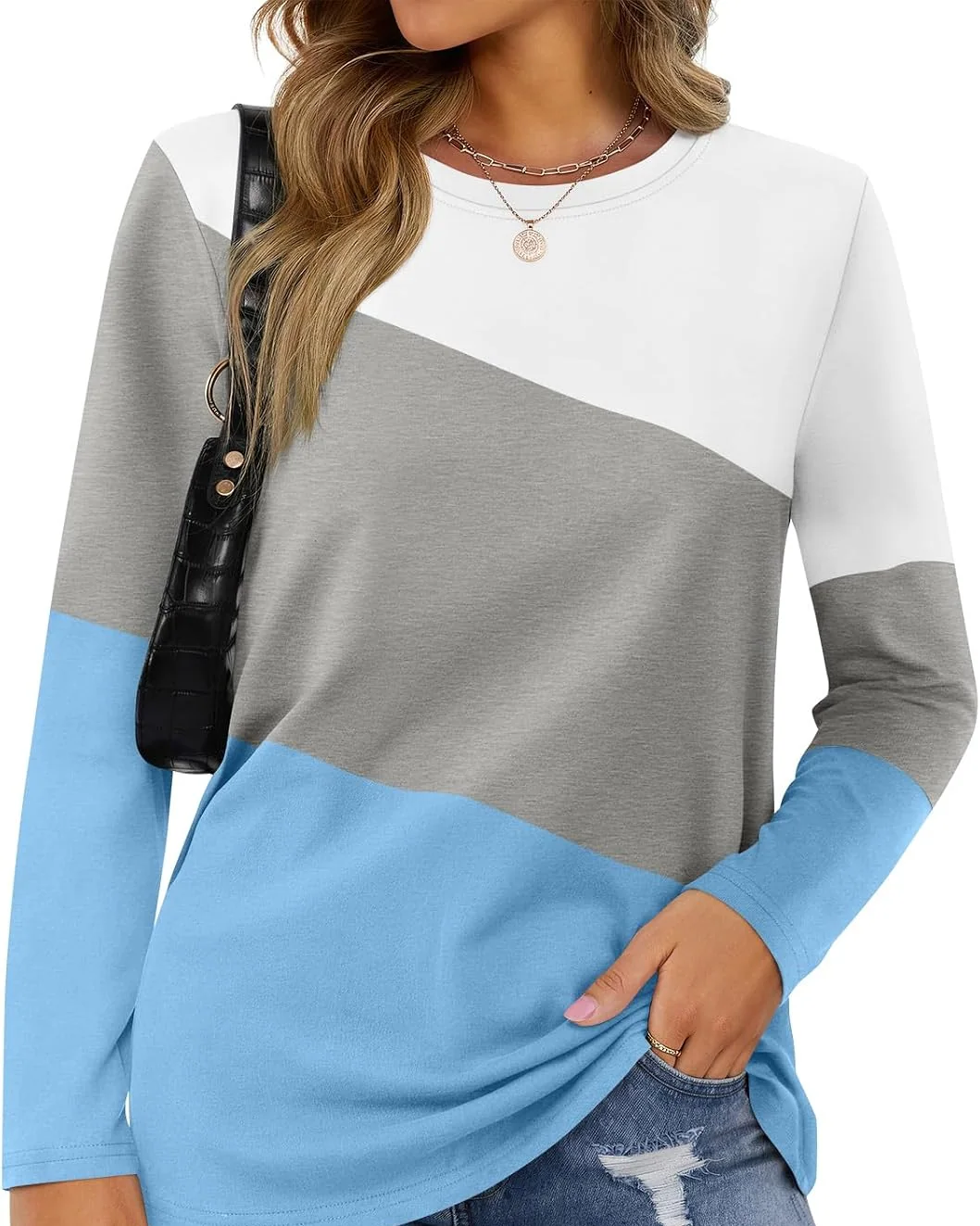 Minetom Women's Color Block Tops Casual Long Sleeve Shirts Pullover Tunic, White-gray-blue, Small, photo 18