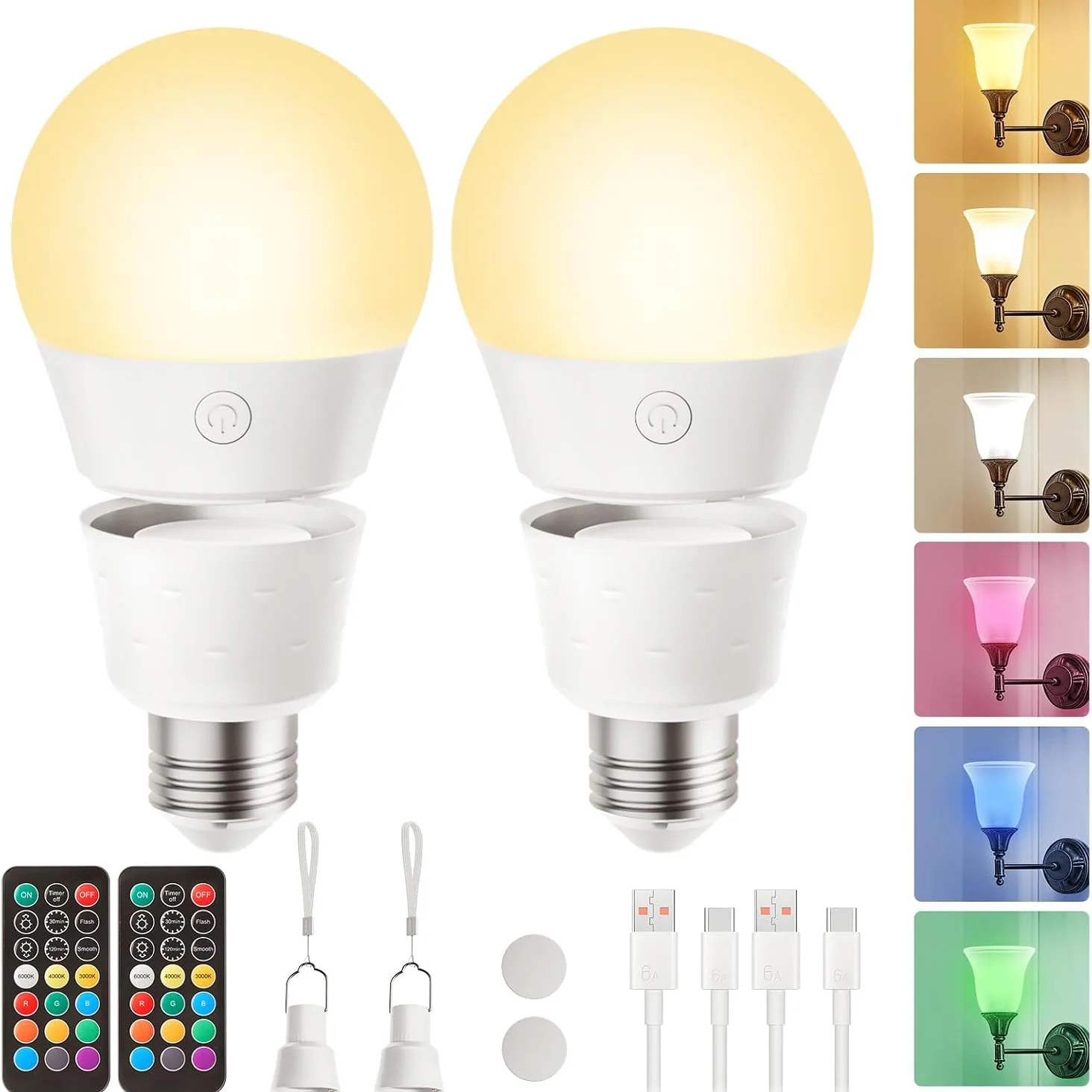 Minetom E26 Rechargeable Light Bulbs with Remote and Timer, 2 Pack-A70, photo 2