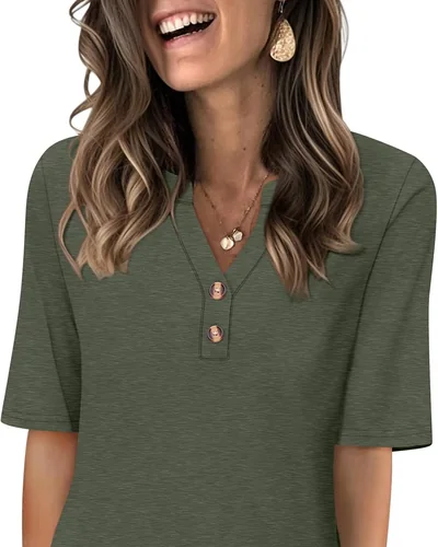 Minetom Women's Half Sleeve Tops V Neck T Shirt Button Casual Tee White, thumbnail 6