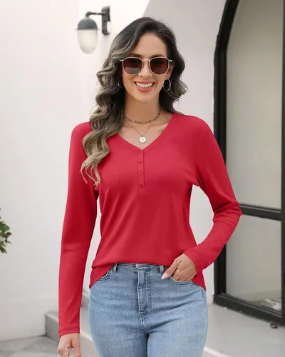 Minetom Womens Long Sleeve Tops Henley V Neck Tees Button Up Shirts Basic, thumbnail 5